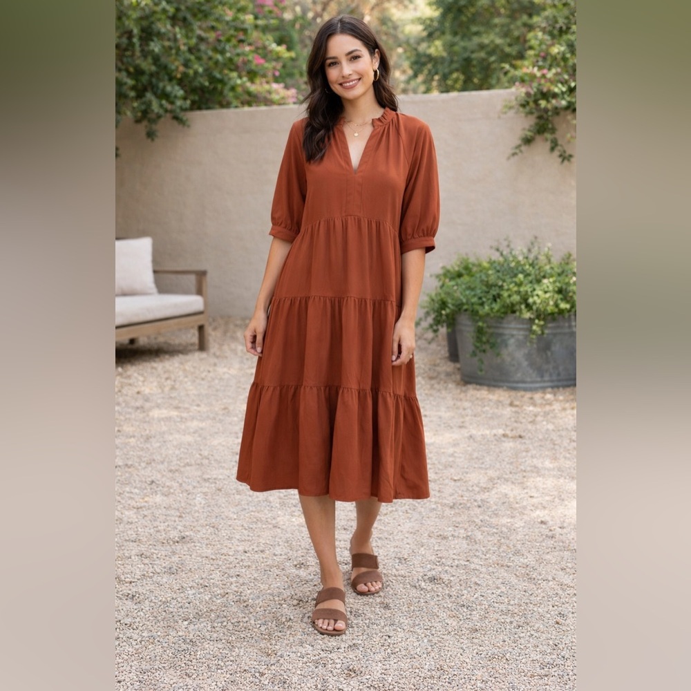 Amanda Uprichard Rust Tiered V-Neck Midi Dress